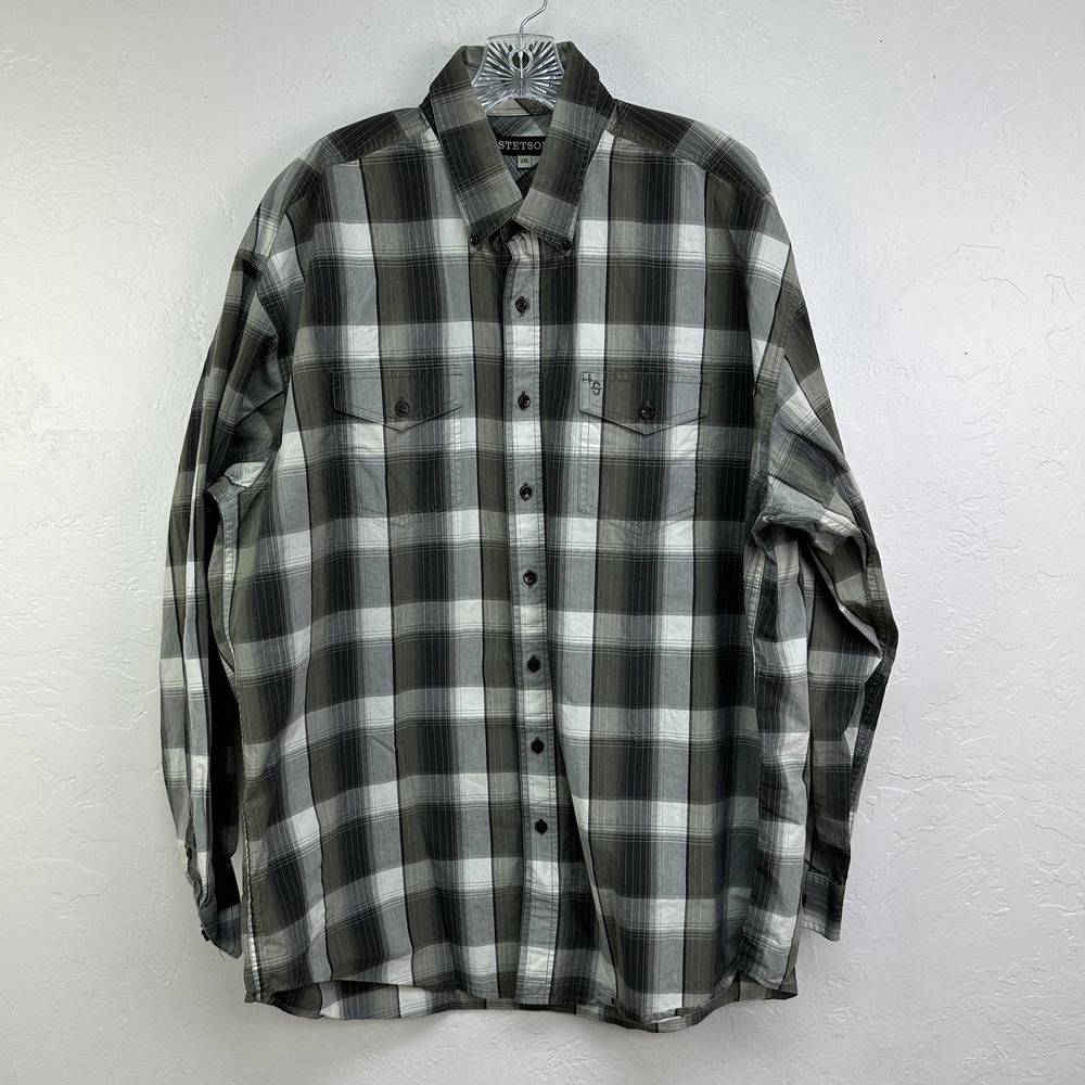 Stetson Shirt Mens 2XL‎ Gray Black Plaid Western Button Down Long Sleeve Cotton